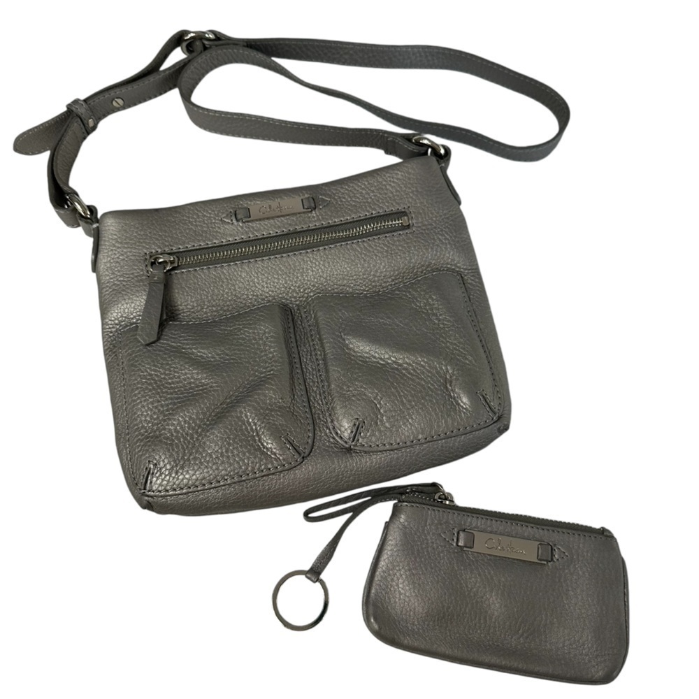 Cole Haan Metallic Pewter Leather Crossbody and Matching Wristlet Keyholder